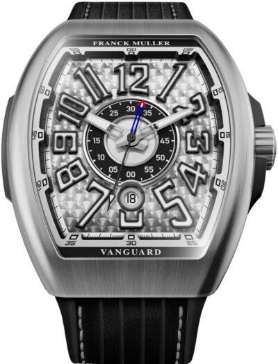 Franck Muller wristwatch with stainless steel case, grey dial, and hand sewn multiperforated leather strap