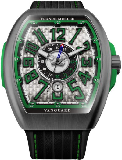 Franck Muller wristwatch with titanium case, grey dial, and hand sewn multiperforated leather strap.