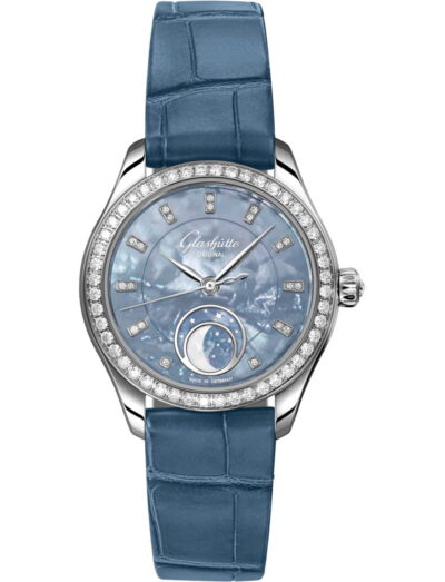 Glasshute Original wristwatch with stainless steel case, Skyline Blue dial, and Louisiana Alligator leather strap.