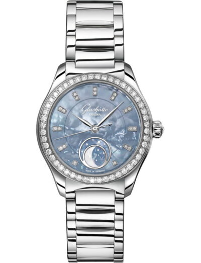 Glasshute Original wristwatch with stainless steel case and bracelet, and Skyline Blue dial.