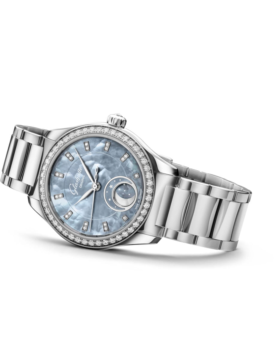 Side view of Glasshute Original wristwatch with stainless steel case and bracelet, and Skyline Blue dial.