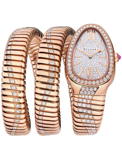 Bulgari Serpenti Tubogas Infiniti wristwatch with 18k rose gold set with diamond and full pavé dial, and 18k rose gold bracelet.