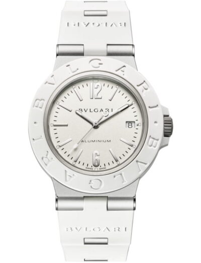 Bulgari wristwatch with Aluminium Titanium case, white opaline dial, white rubber strap.