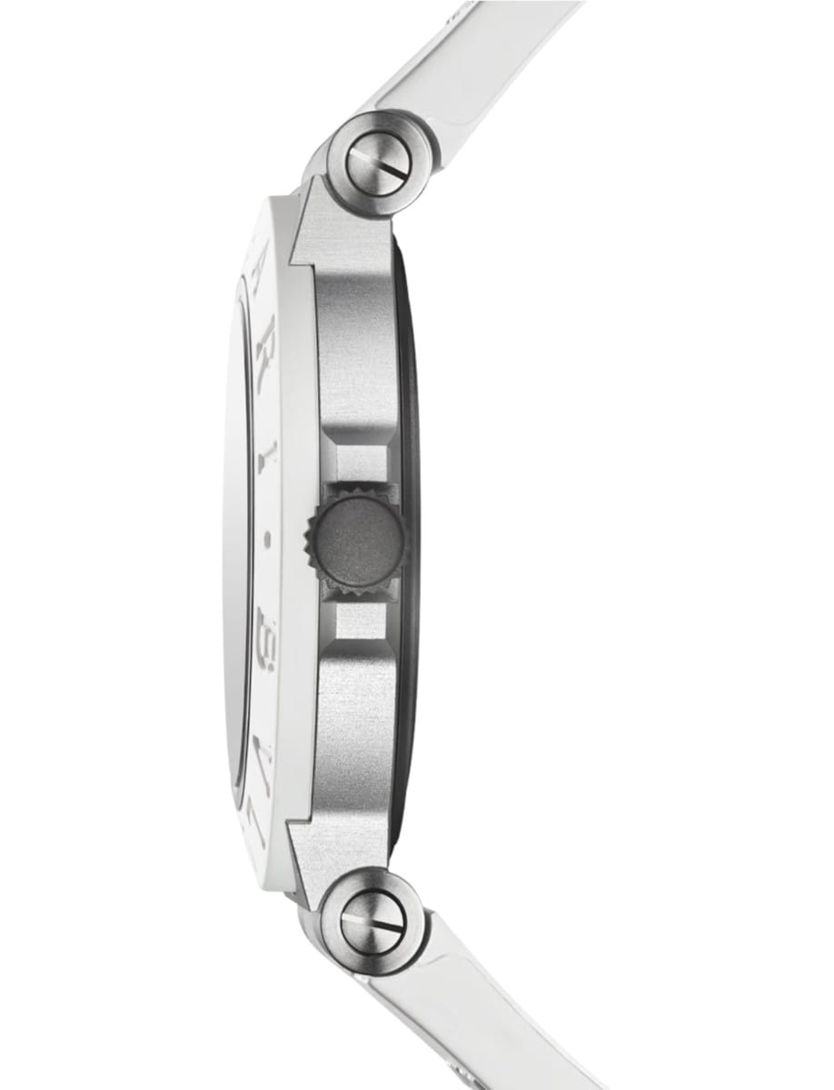 Side view of Bulgari wristwatch with Aluminium Titanium case, white opaline dial, white rubber strap.