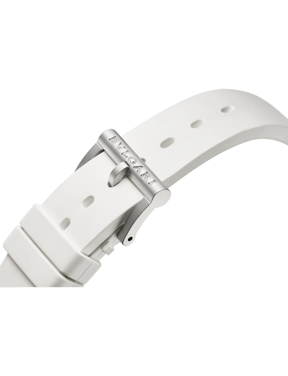 Strap view of Bulgari wristwatch with white rubber and pin buckle.