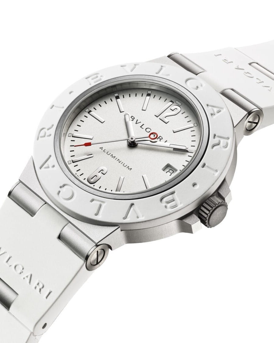 Hotlist image for Bulgari wristwatch with Aluminium Titanium case, white opaline dial, white rubber strap.