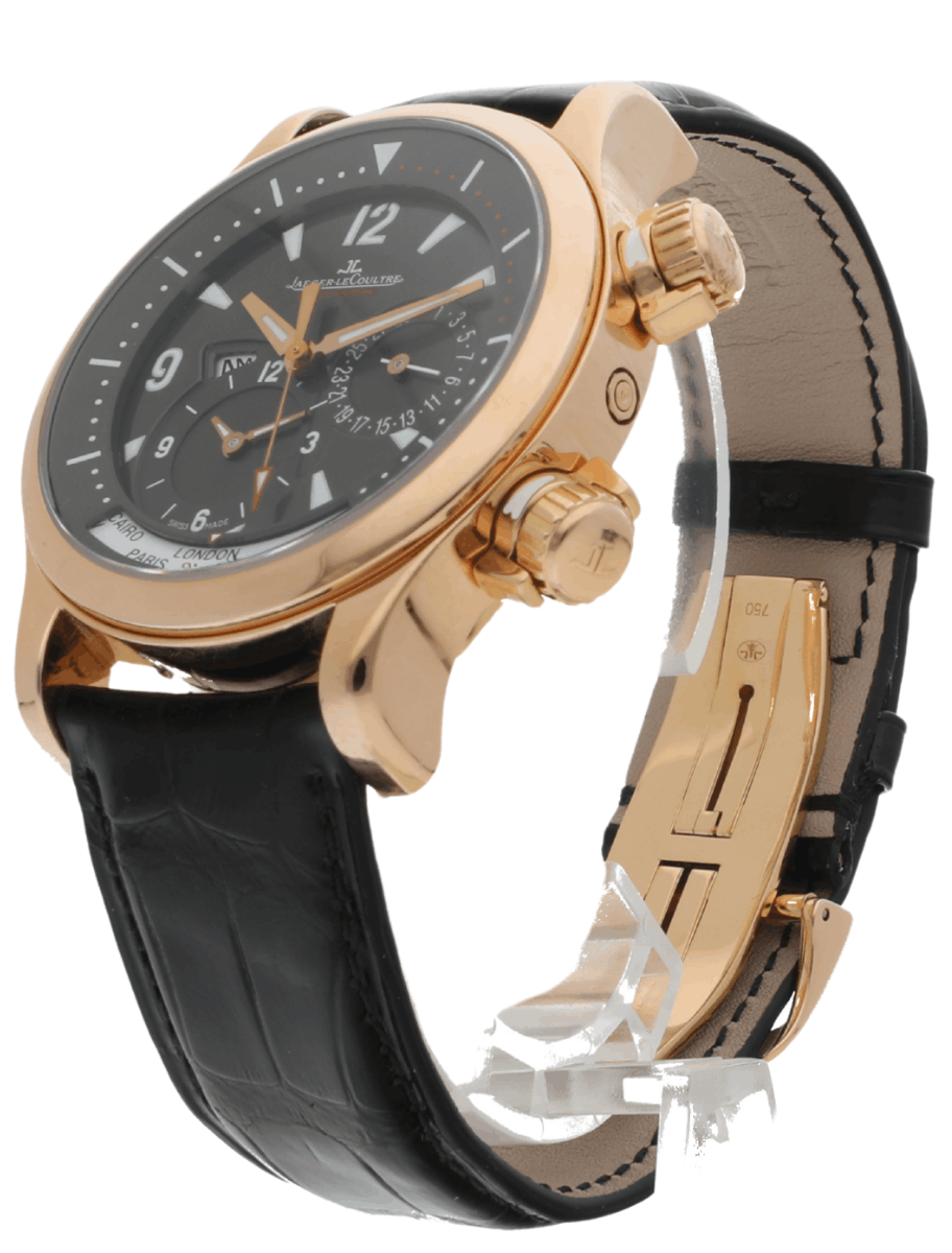 Front left view of pre-owned JLC wristwatch with rose gold case, black dial, and alligator leather strap.