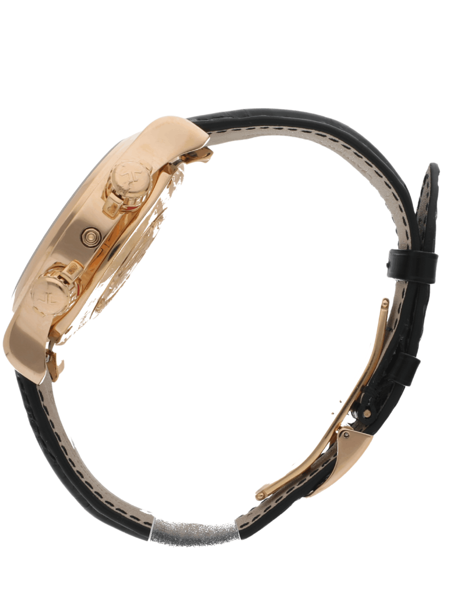 Left side view of pre-owned JLC wristwatch with rose gold case, black dial, and alligator leather strap.