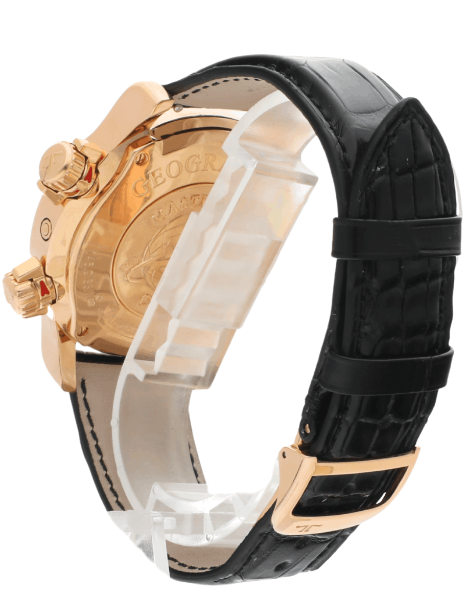 Left back side view of pre-owned JLC wristwatch with rose gold case, black dial, and alligator leather strap.