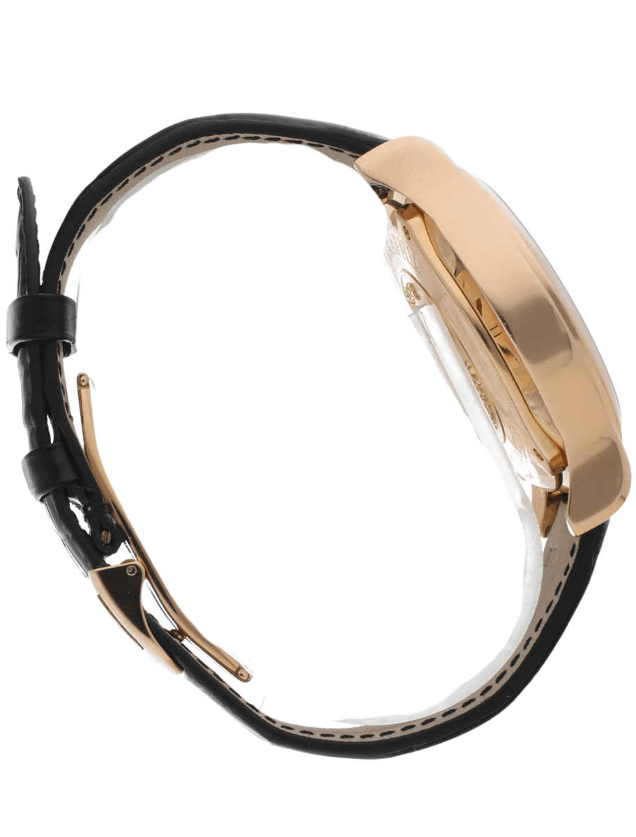 Right side view of pre-owned JLC wristwatch with rose gold case, black dial, and alligator leather strap.