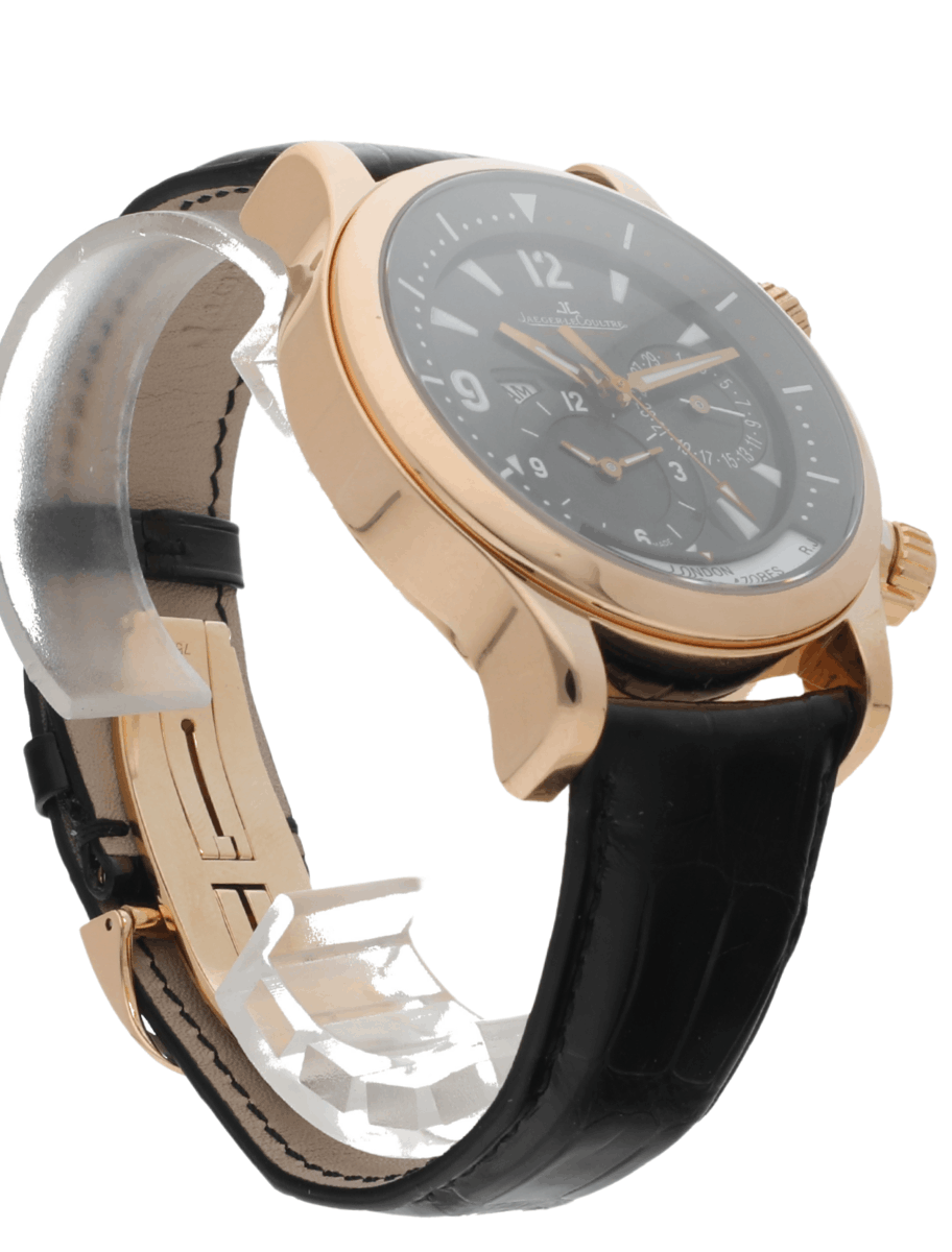 Front right side view of pre-owned JLC wristwatch with rose gold case, black dial, and alligator leather strap.