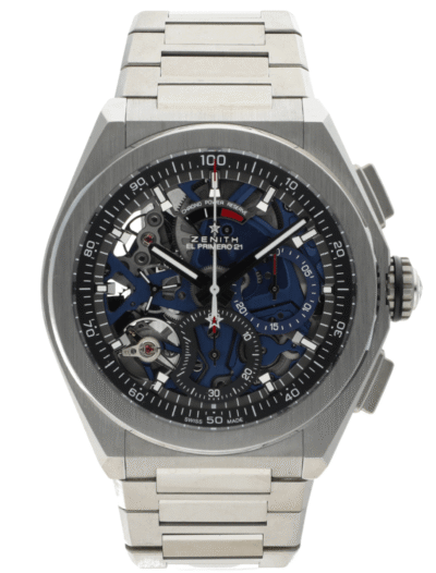 Pre-owned Zenith wristwatch with titanium case and bracelet, and blue dial.