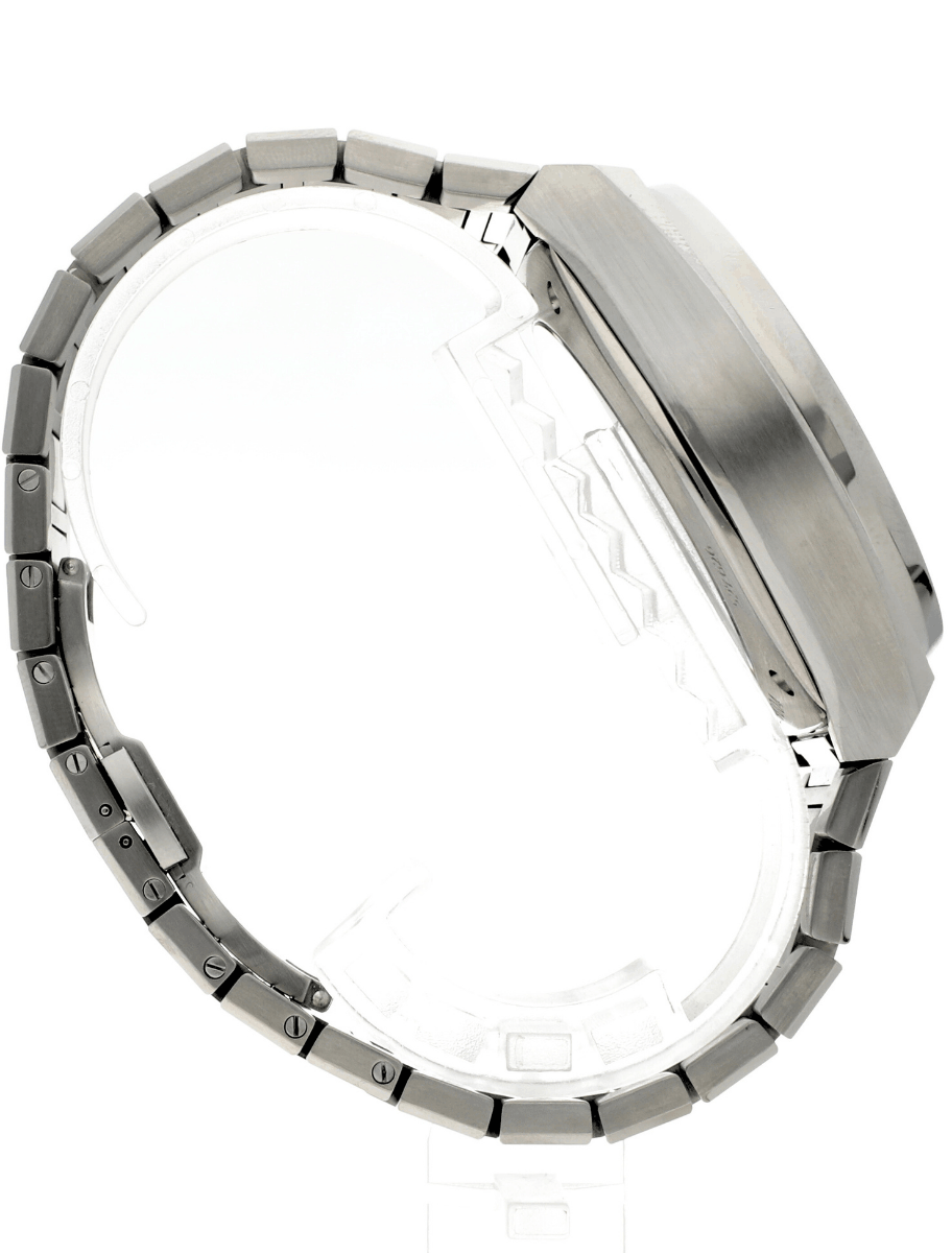 Right side of pre-owned Zenith wristwatch with titanium case and bracelet, and blue dial.