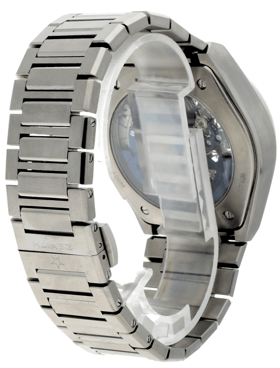 Back right side of pre-owned Zenith wristwatch with titanium case and bracelet, and blue dial.