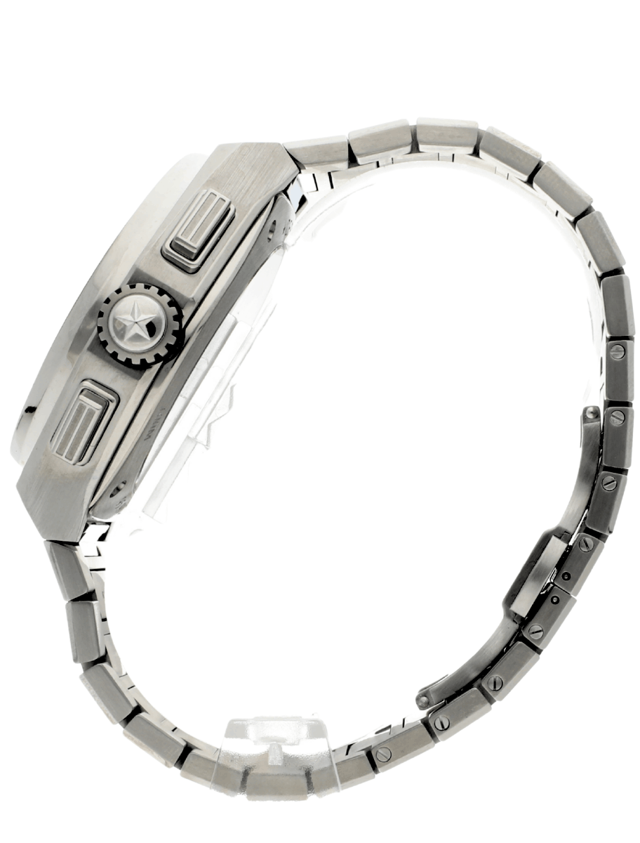 Left side of pre-owned Zenith wristwatch with titanium case and bracelet, and blue dial.