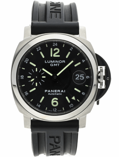 Pre-owned Panerai wristwatch with stainless steel case, black dial, and black rubber strap.