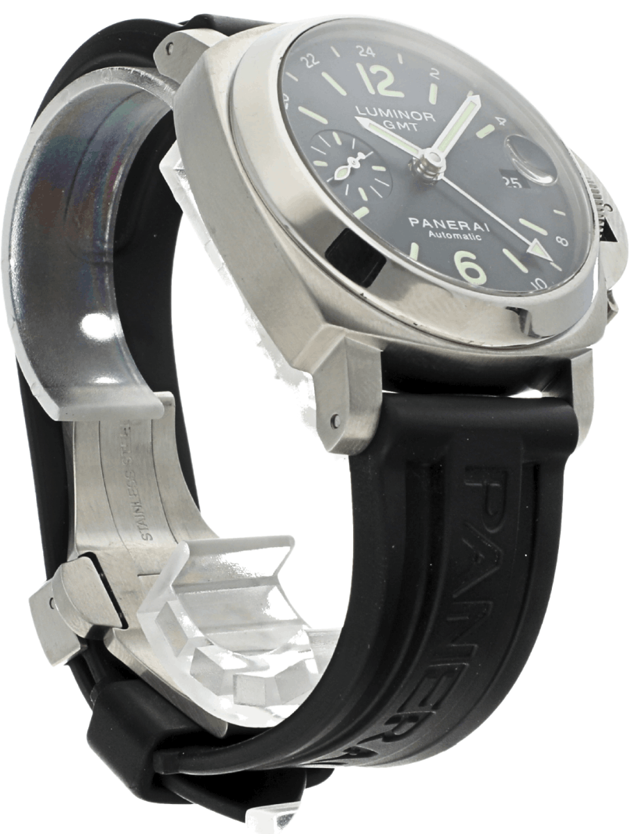 Front right side view of pre-owned Panerai wristwatch with stainless steel case, black dial, and black rubber strap