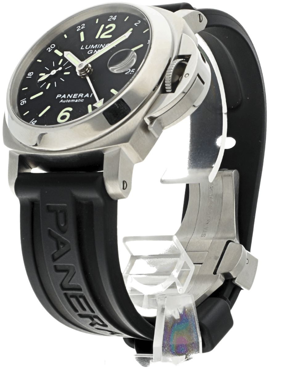 Front left side view of pre-owned Panerai wristwatch with stainless steel case, black dial, and black rubber strap