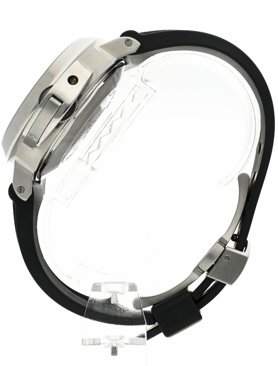 Left side view of pre-owned Panerai wristwatch with stainless steel case, black dial, and black rubber strap