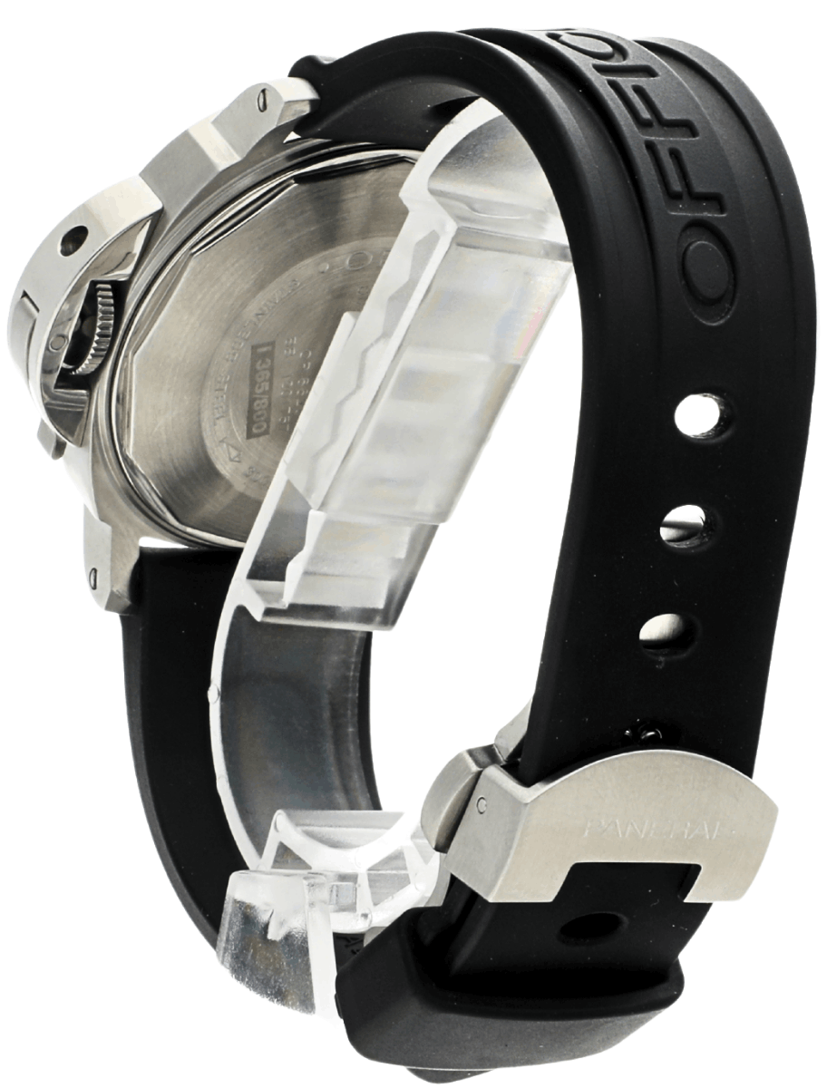 Back left side view of pre-owned Panerai wristwatch with stainless steel case, black dial, and black rubber strap