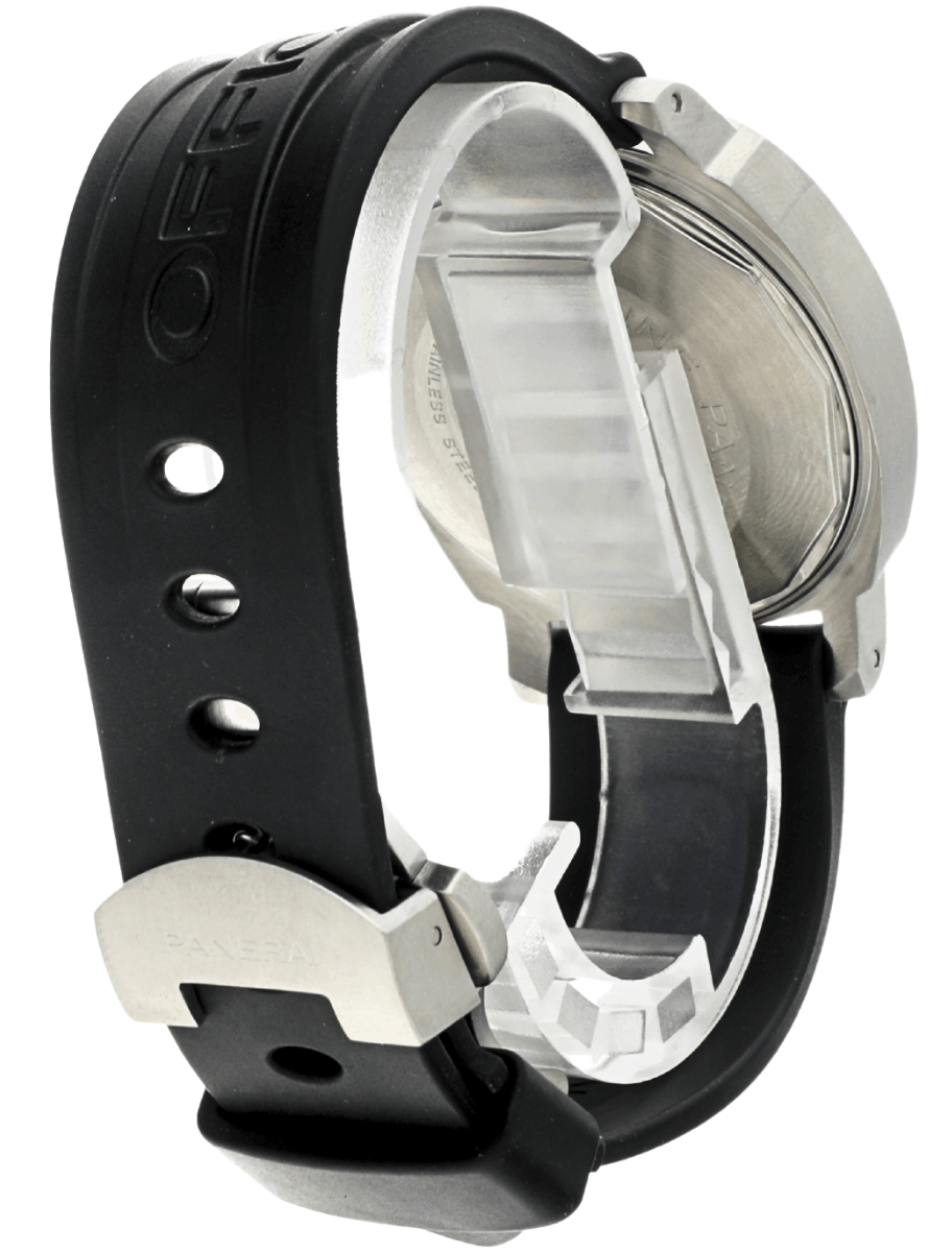 Back right side view of pre-owned Panerai wristwatch with stainless steel case, black dial, and black rubber strap
