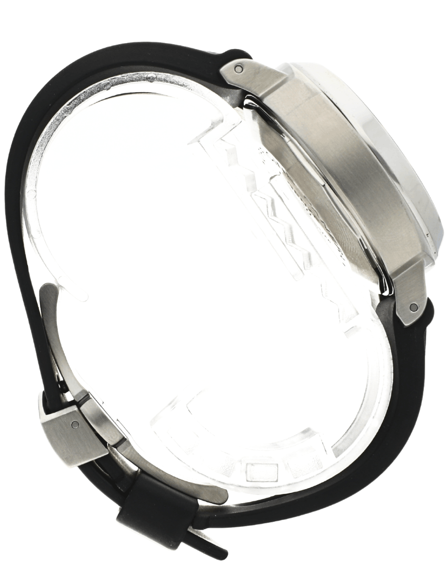 Right side view of pre-owned Panerai wristwatch with stainless steel case, black dial, and black rubber strap