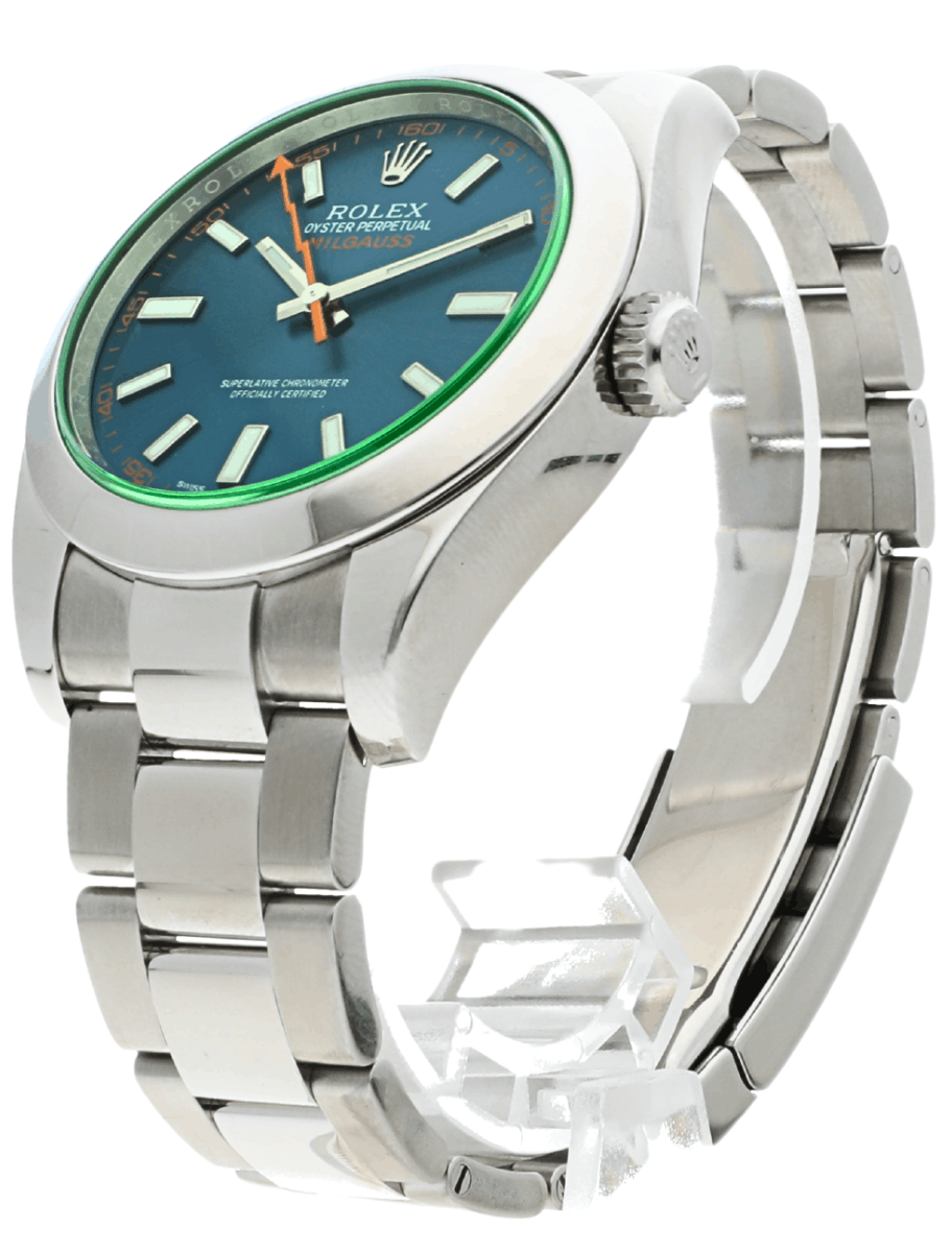 Front left side view for pre-owned Rolex wristwatch with stainless steel case and bracelet, and blue dial.