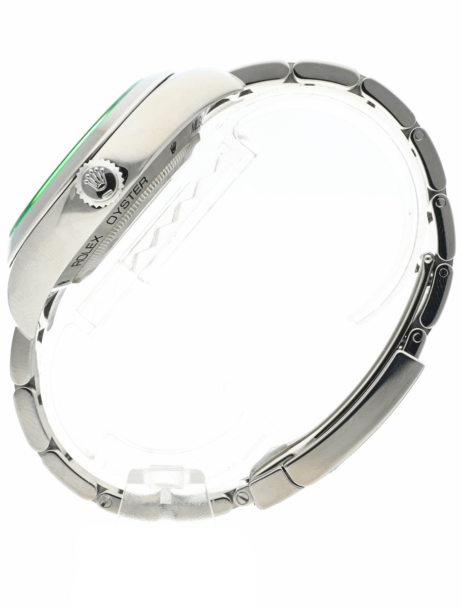 Left side view for pre-owned Rolex wristwatch with stainless steel case and bracelet, and blue dial.