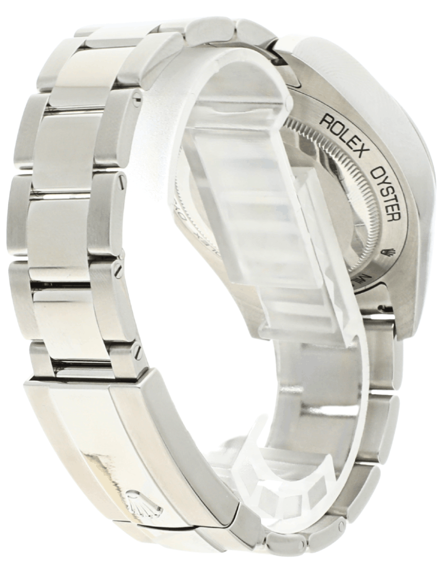 Back right side view for pre-owned Rolex wristwatch with stainless steel case and bracelet, and blue dial.