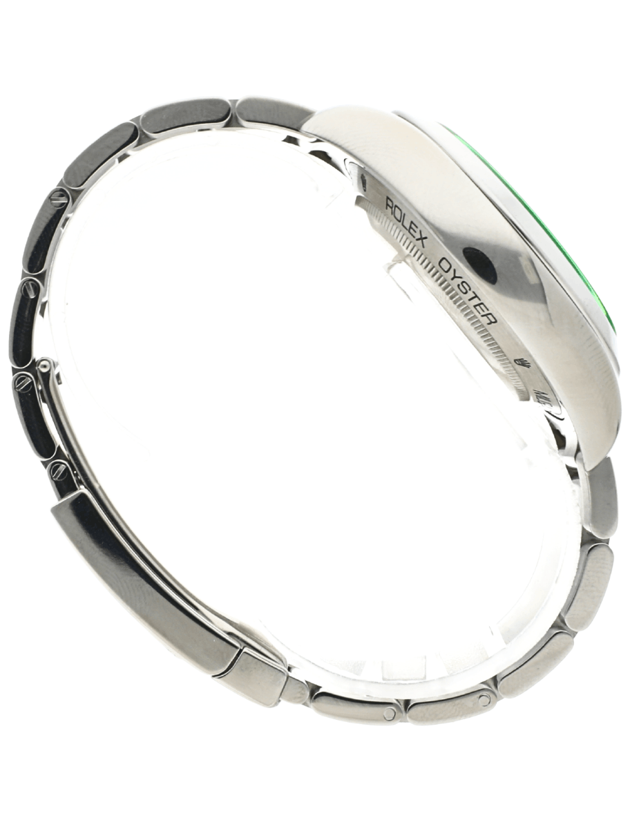 Right side view for pre-owned Rolex wristwatch with stainless steel case and bracelet, and blue dial.