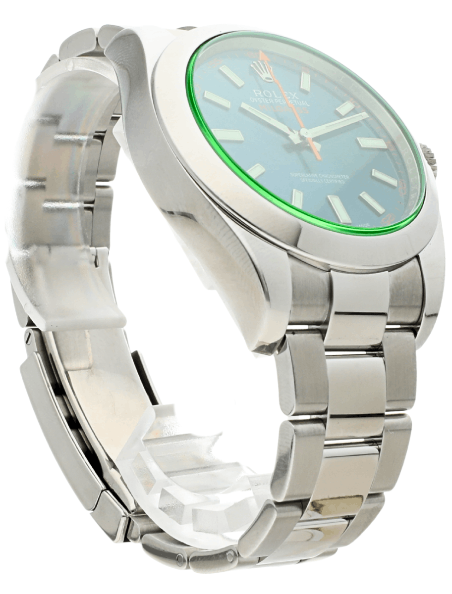 Front right side for pre-owned Rolex wristwatch with stainless steel case and bracelet, and blue dial.