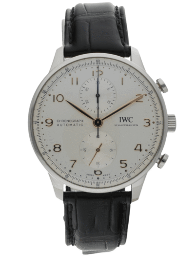 Pre-owned IWC wristwatch with stainless steel case, silver-plated dial, and black alligator leather.