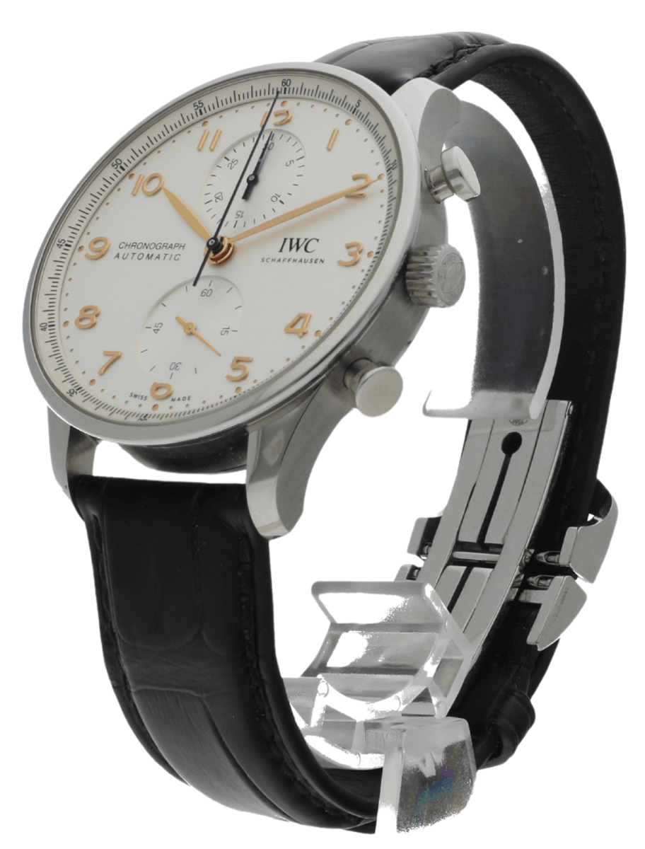 Left front view of pre-owned IWC wristwatch with stainless steel case, silver-plated dial, and black alligator leather.