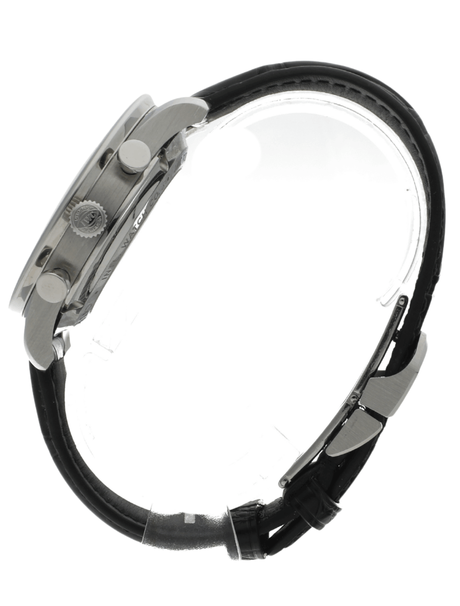 Left side view of pre-owned IWC wristwatch with stainless steel case, silver-plated dial, and black alligator leather.