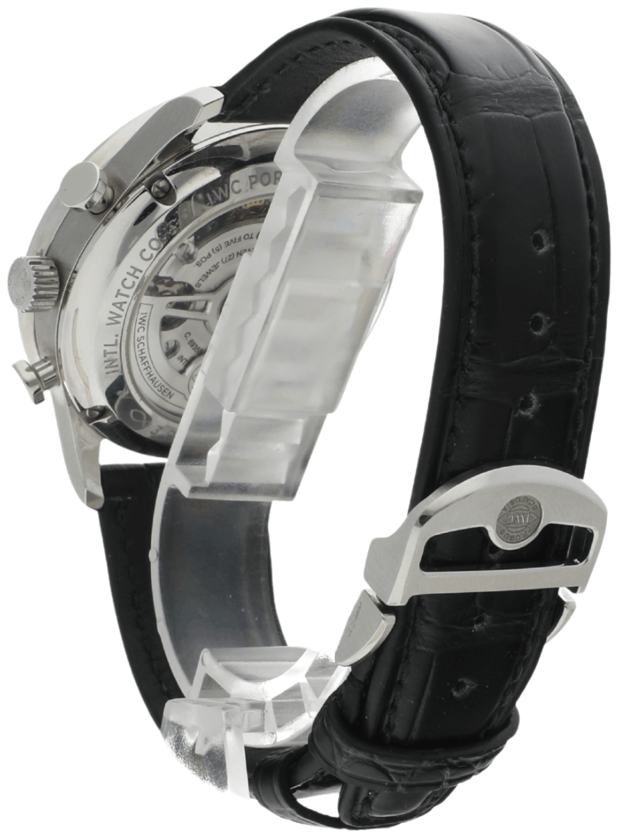 Back left side view of pre-owned IWC wristwatch with stainless steel case, silver-plated dial, and black alligator leather.