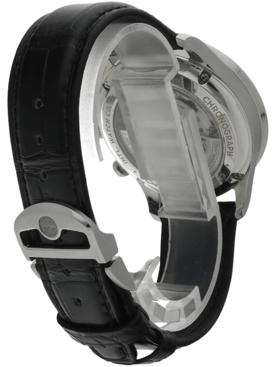 Back right side view of pre-owned IWC wristwatch with stainless steel case, silver-plated dial, and black alligator leather.