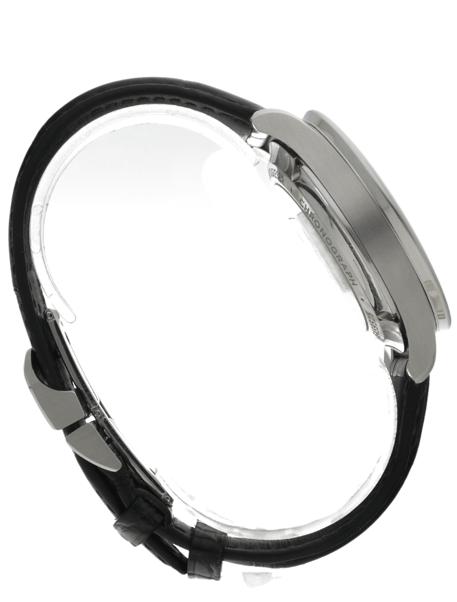 Right side view of pre-owned IWC wristwatch with stainless steel case, silver-plated dial, and black alligator leather.