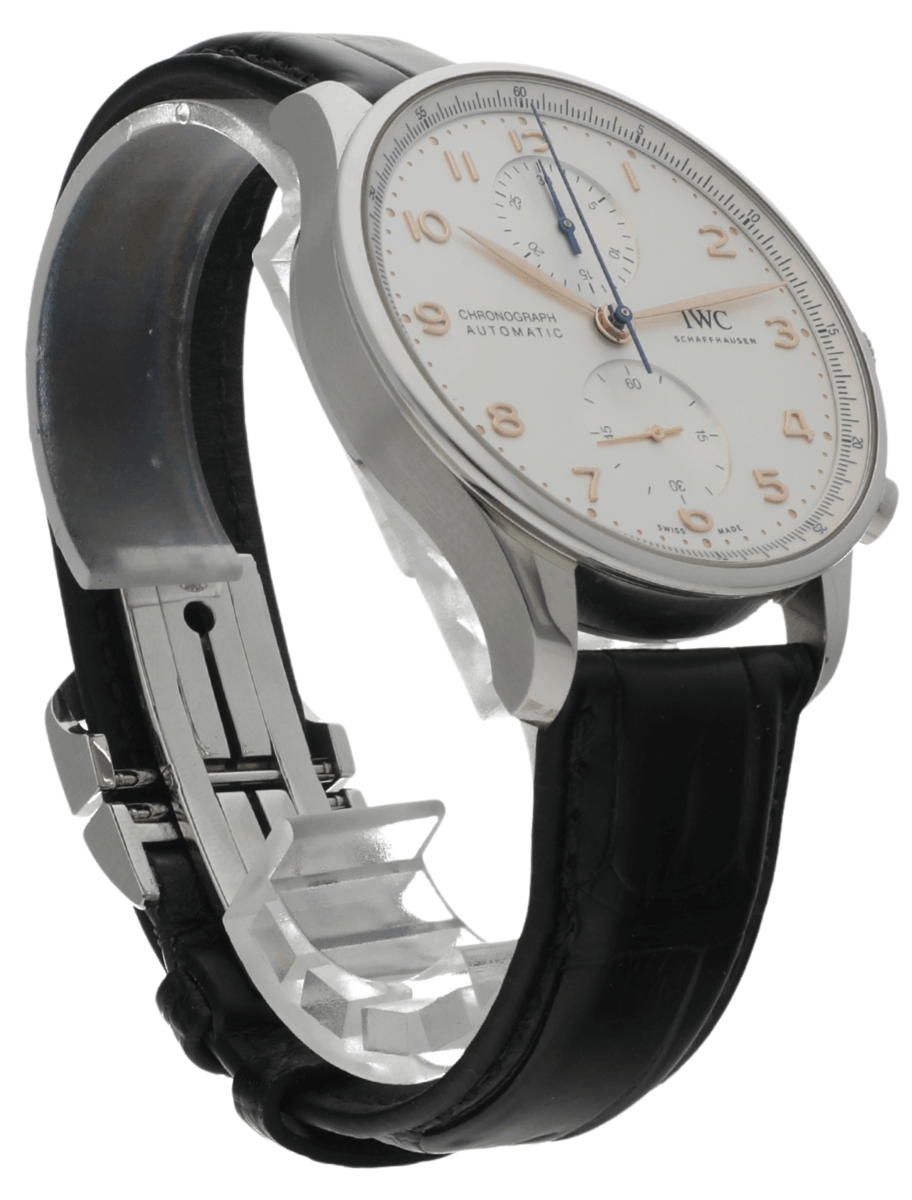 Front right view of pre-owned IWC wristwatch with stainless steel case, silver-plated dial, and black alligator leather.