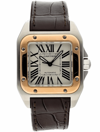 Pre-owned Cartier wristwatch with gold/steel case, silver dial, and black leather strap.