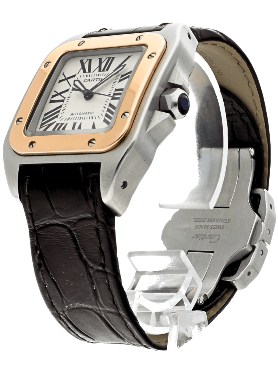 Front left side view of Pre-owned Cartier wristwatch with gold/steel case, silver dial, and black leather strap.