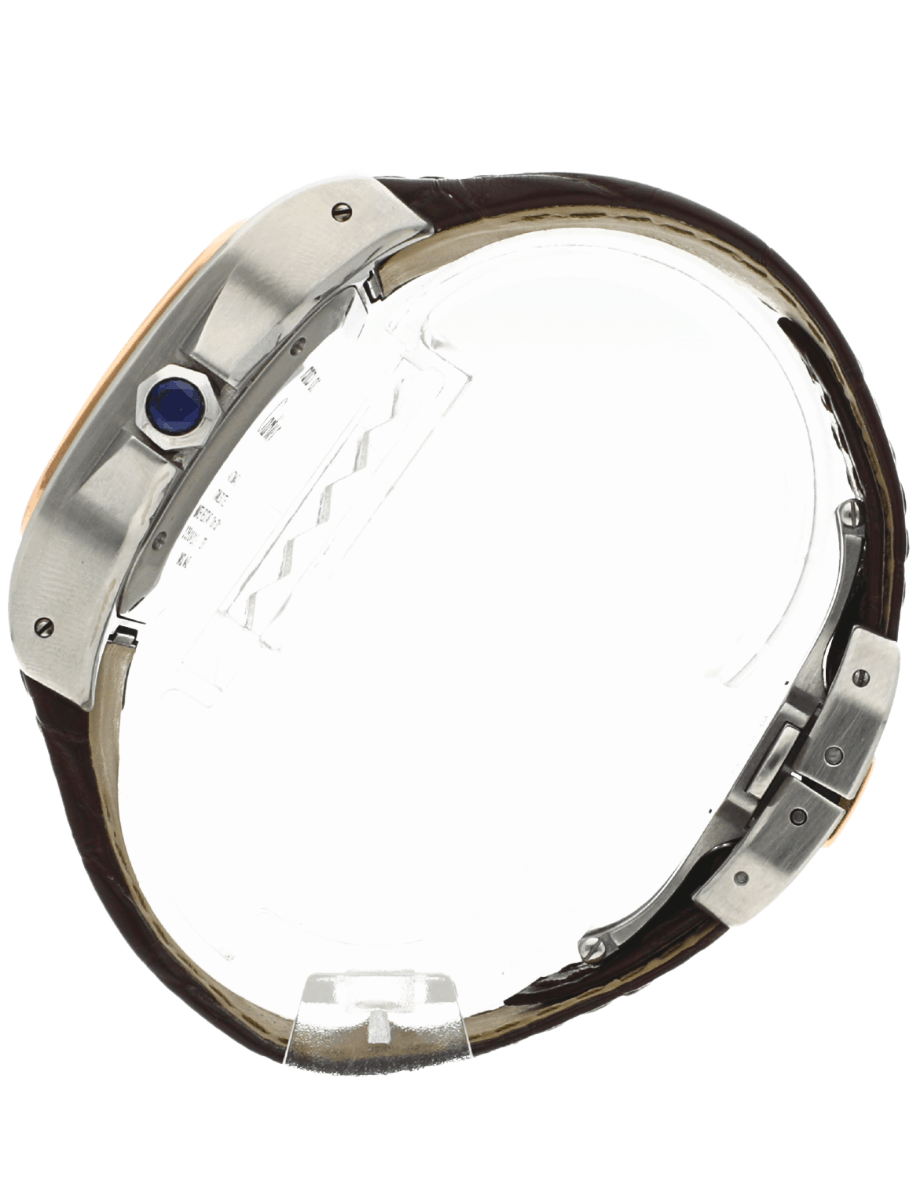 Left side view of Pre-owned Cartier wristwatch with gold/steel case, silver dial, and black leather strap.