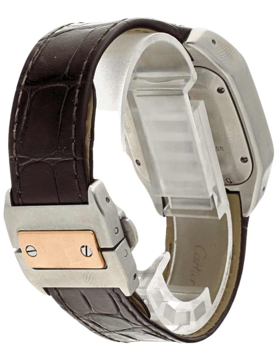 Back right side view of Pre-owned Cartier wristwatch with gold/steel case, silver dial, and black leather strap.