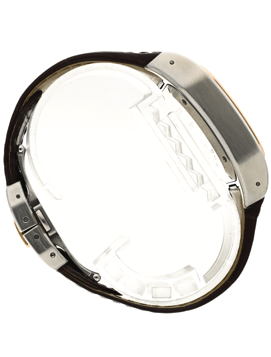 Right side view of Pre-owned Cartier wristwatch with gold/steel case, silver dial, and black leather strap.