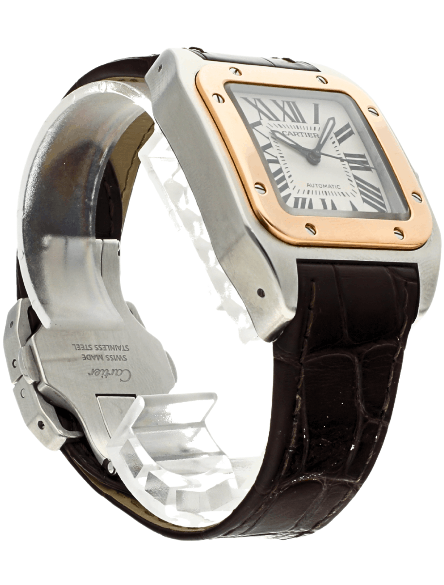 Front right view of Pre-owned Cartier wristwatch with gold/steel case, silver dial, and black leather strap.