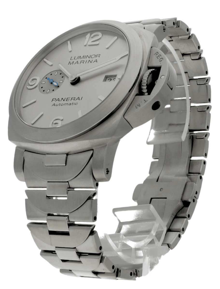 Front left view of pre-owned Panerai wristwatch with stainless steel case and bracelet,and grey dial.