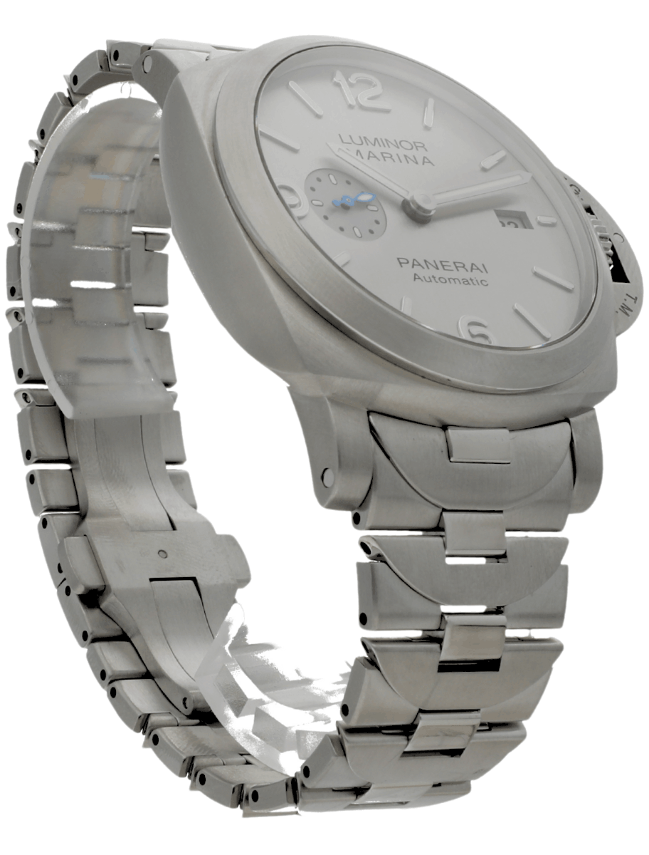 Front right view of pre-owned Panerai wristwatch with stainless steel case and bracelet,and grey dial.