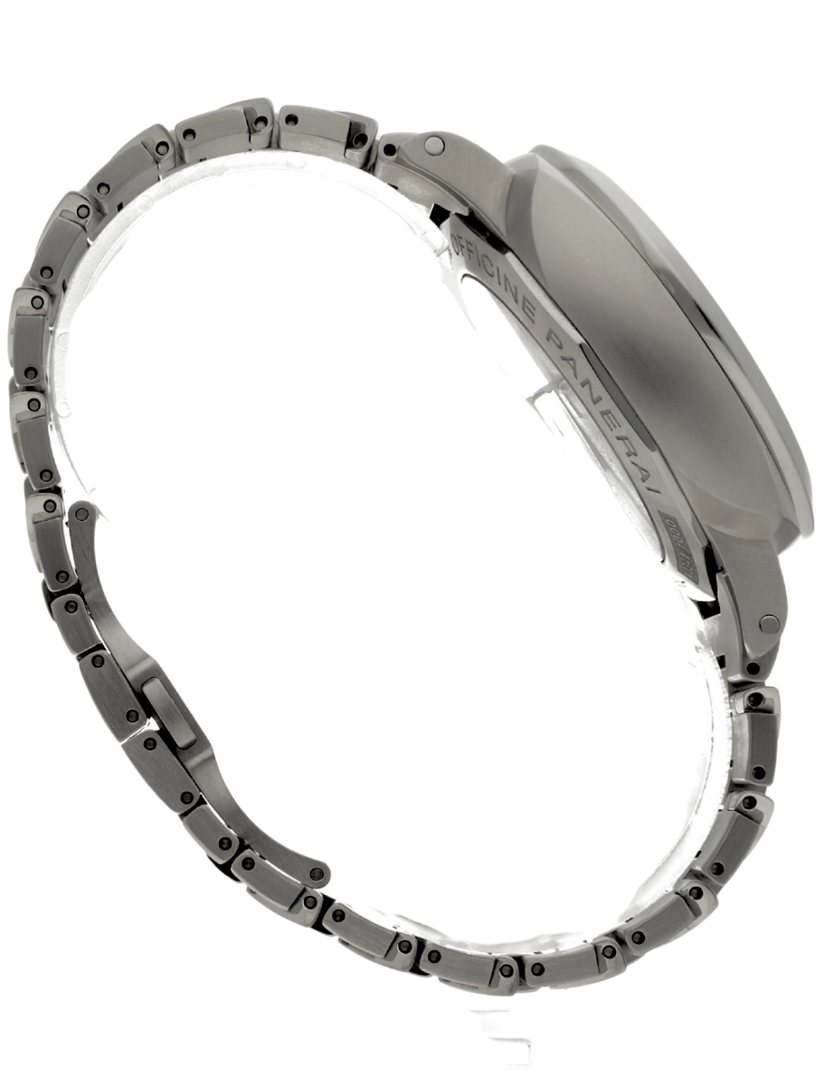 Right side view of pre-owned Panerai wristwatch with stainless steel case and bracelet,and grey dial.