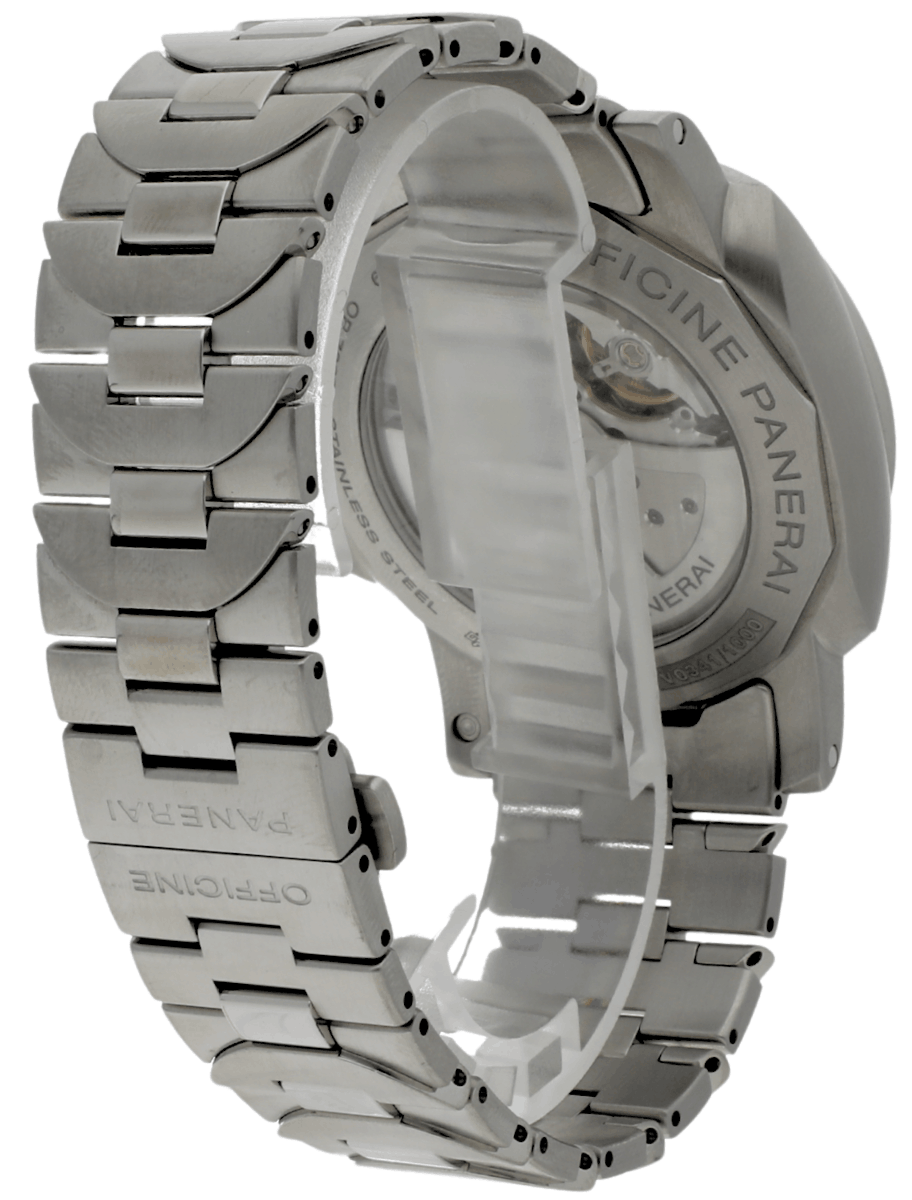 Right back view of pre-owned Panerai wristwatch with stainless steel case and bracelet,and grey dial.