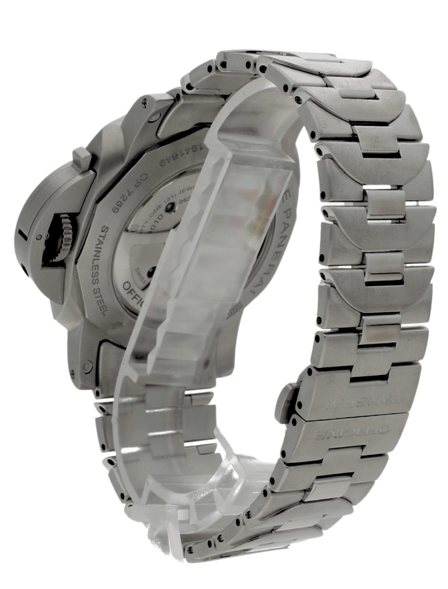 Left back view of pre-owned Panerai wristwatch with stainless steel case and bracelet,and grey dial.