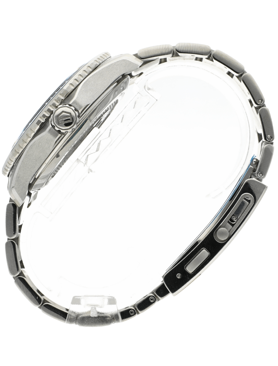 Left view of Pre-Owned wristwatch with stainless steel case and bracelet, and blue dial.